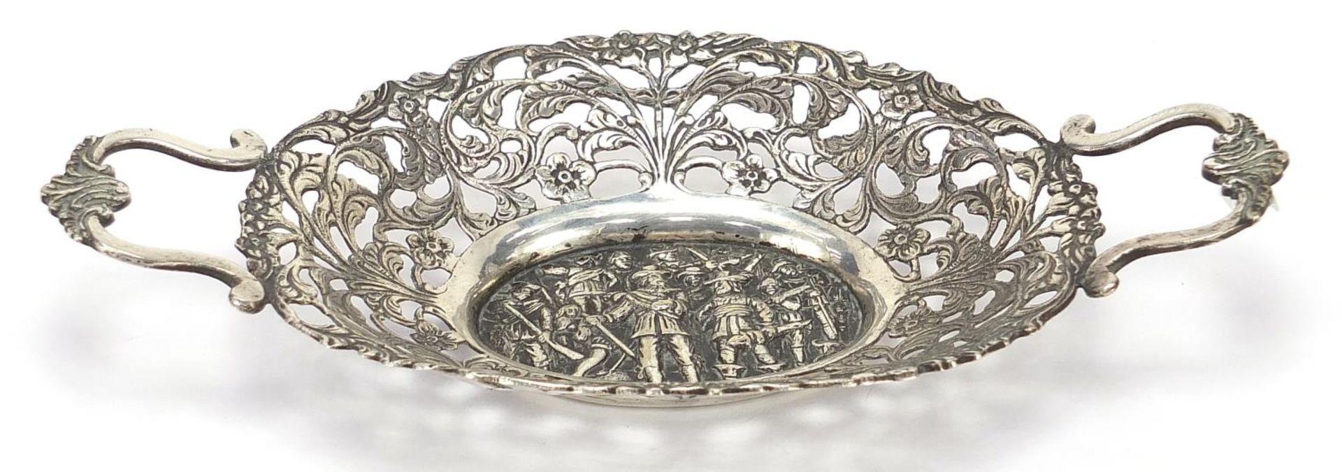 Continental oval pierced silver coloured metal twin handled bonbon dish embossed with cavaliers, - Image 5 of 10