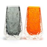 Geoffrey Baxter for Whitefriars, two glass coffin vases including a tangerine example, the largest