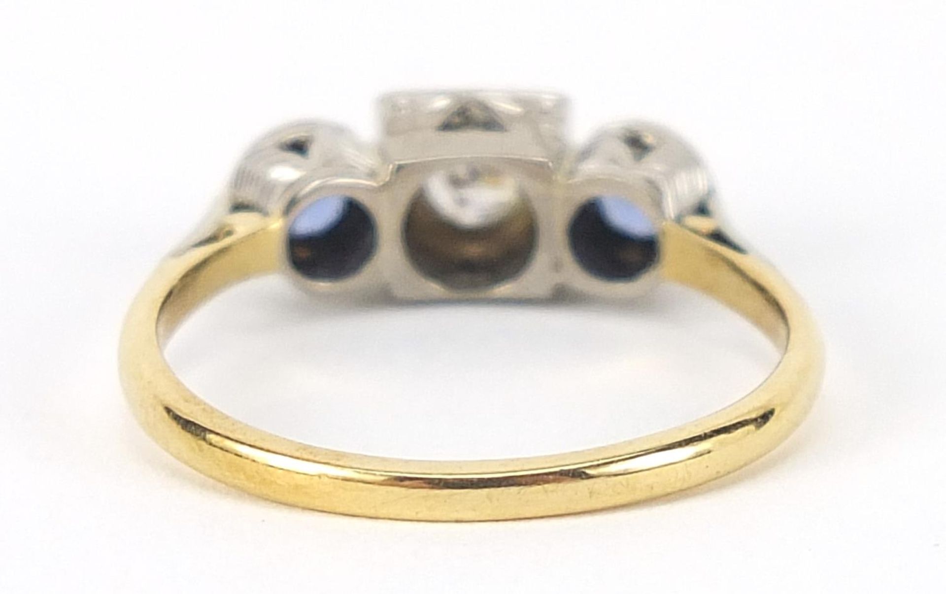 Art Deco 18ct gold and platinum diamond and sapphire three stone ring, size O, 3.3g : For Further - Image 3 of 6