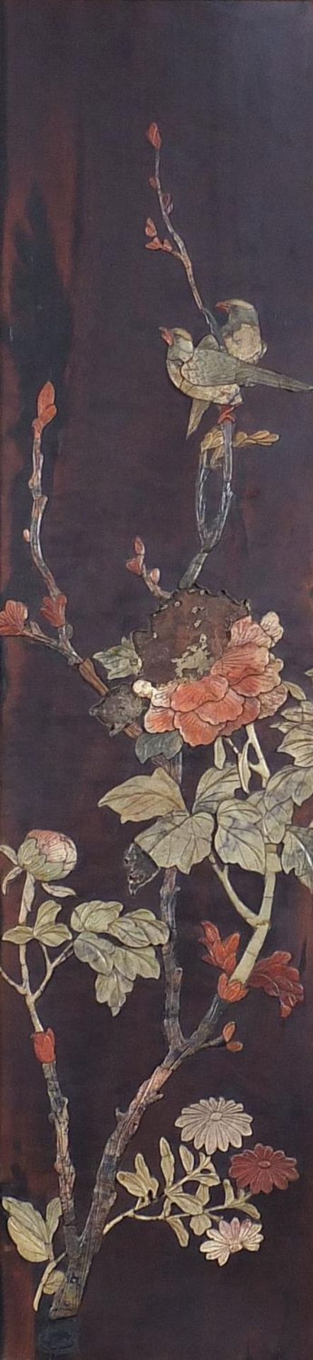 Birds of Paradise amongst flowers and bamboo grove, set of four Chinese hardwood panels with - Image 11 of 13