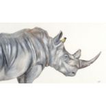 Will Smith - Rhinoceros and bird, watercolour, monogrammed, mounted, framed and glazed, 56cm x 32.