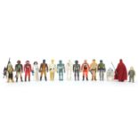 Fifteen vintage Star Wars action figures with accessories including Boba Fett, Emperor's Royal Guard
