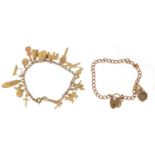 Two 9ct rose gold charm bracelets with a selection of mostly 9ct gold charms including a pixie,