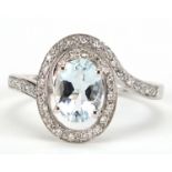 9ct white gold aquamarine and diamond ring, size N, 2.5g : For Further Condition Reports Please