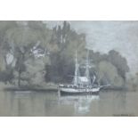 Donald Maxwell - Boat on water before trees, early 20th century ink and mixed media, mounted, framed