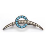 Unmarked silver turquoise and pearl brooch, housed in a H Phillips tooled leather box, 4.7cm wide,