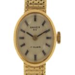 Anker 85, ladies 14ct gold manual wind wristwatch with 14ct gold strap, the case 15mm wide, 22.