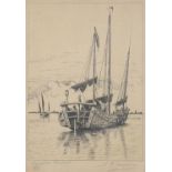 S P Jorgensen - Junks on water, pencil signed print, limited edition 259/300, mounted, framed and