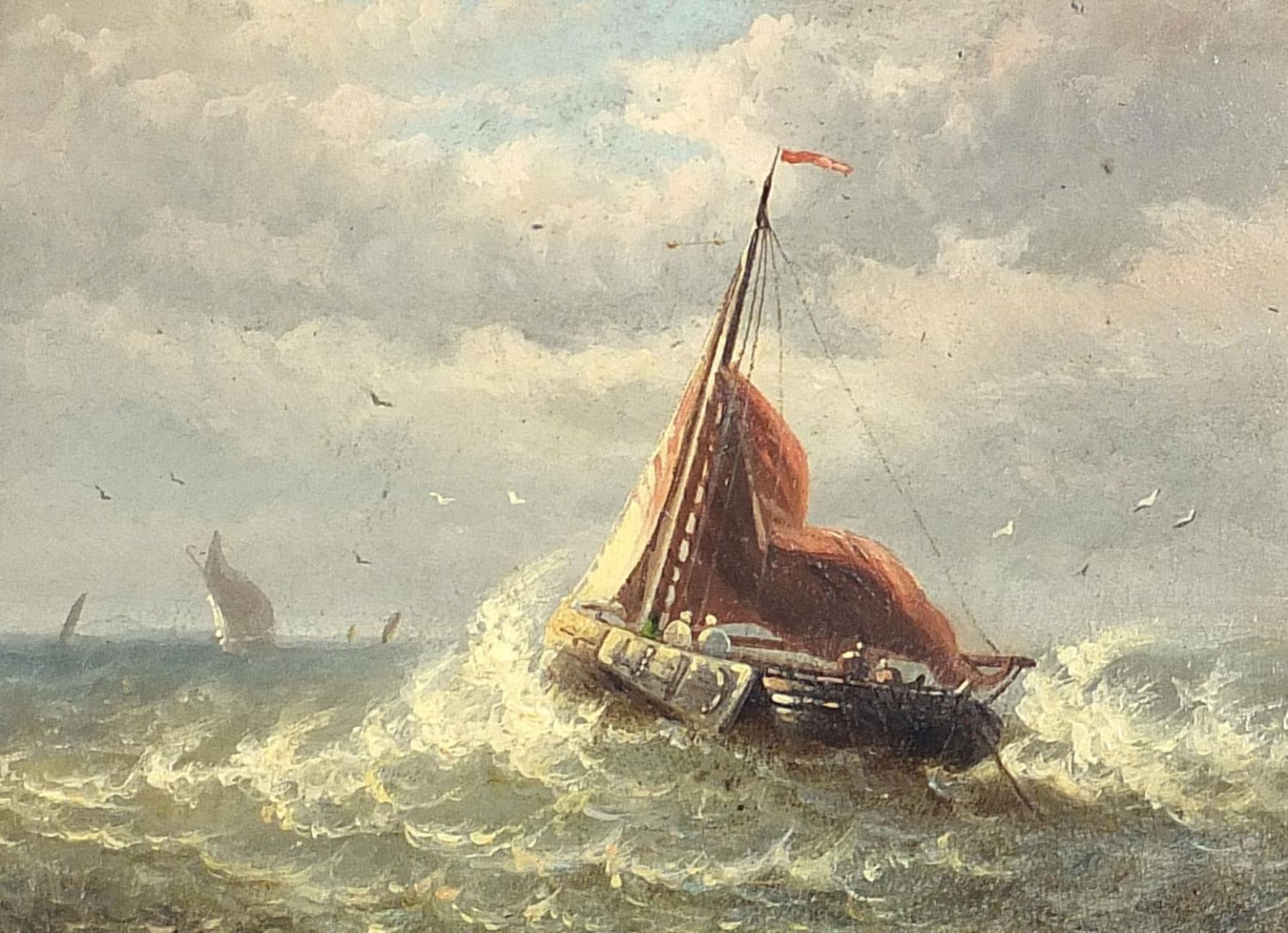 Attributed to Louis Etienne Timmermans - Boats on stormy seas, 19th century Belgium school mariti