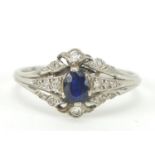 Art Deco unmarked white metal sapphire and diamond ring, size O, 3.6g : For Further Condition