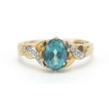 9ct gold green stone and diamond ring, size N/O, 2.6g : For Further Condition Reports Please Visit