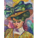 Portrait of a female wearing a hat, Pointillist oil on canvas, mounted and framed, 48cm x 38cm