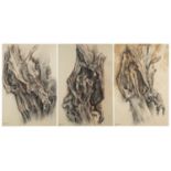 Keith Clements 1972 - Trees, set of three crayon drawings, details verso, mounted, framed and