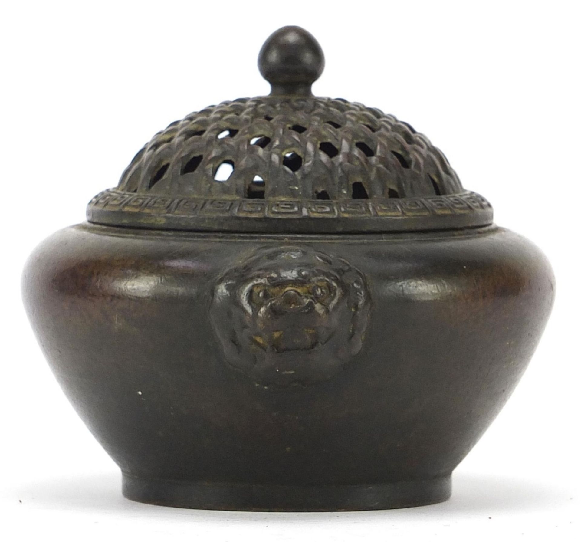 Chinese patinated bronze censer with pierced lid and animalia handles, 12cm wide : For Further - Image 4 of 6