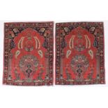 Pair of rectangular Cashmere prayer mats with birds and flowers in a floral border, 87cm x 66cm :