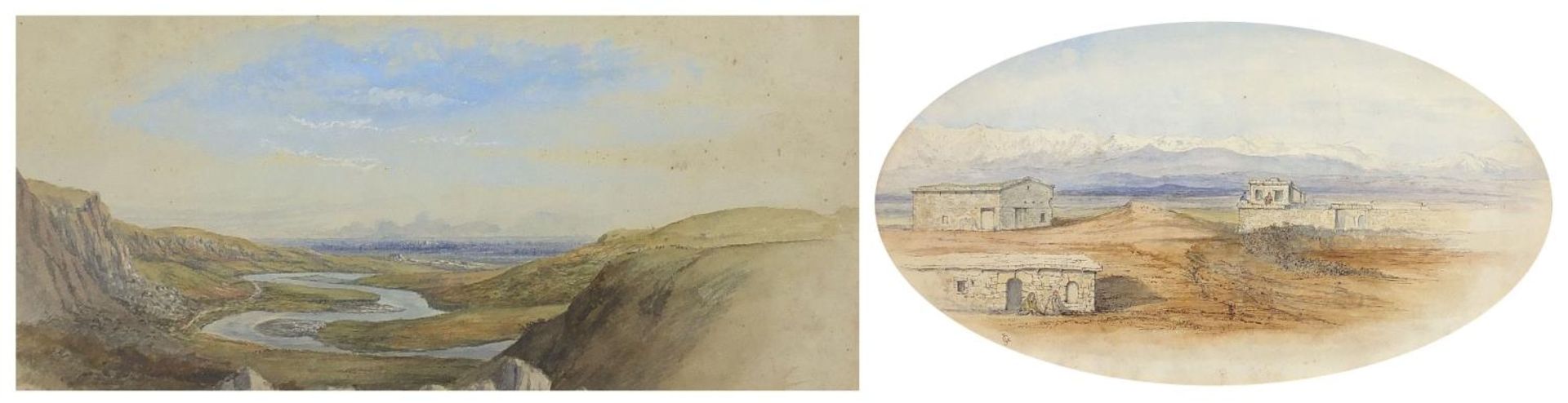 Sir John Gilbert RA - Distant view of Tarsus and Haggi Bozan Farm, two 19th century watercolours,