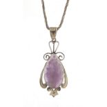 Silver amethyst pendant on a silver necklace, 4.4cm high and 48cm in length, total 7.5g : For