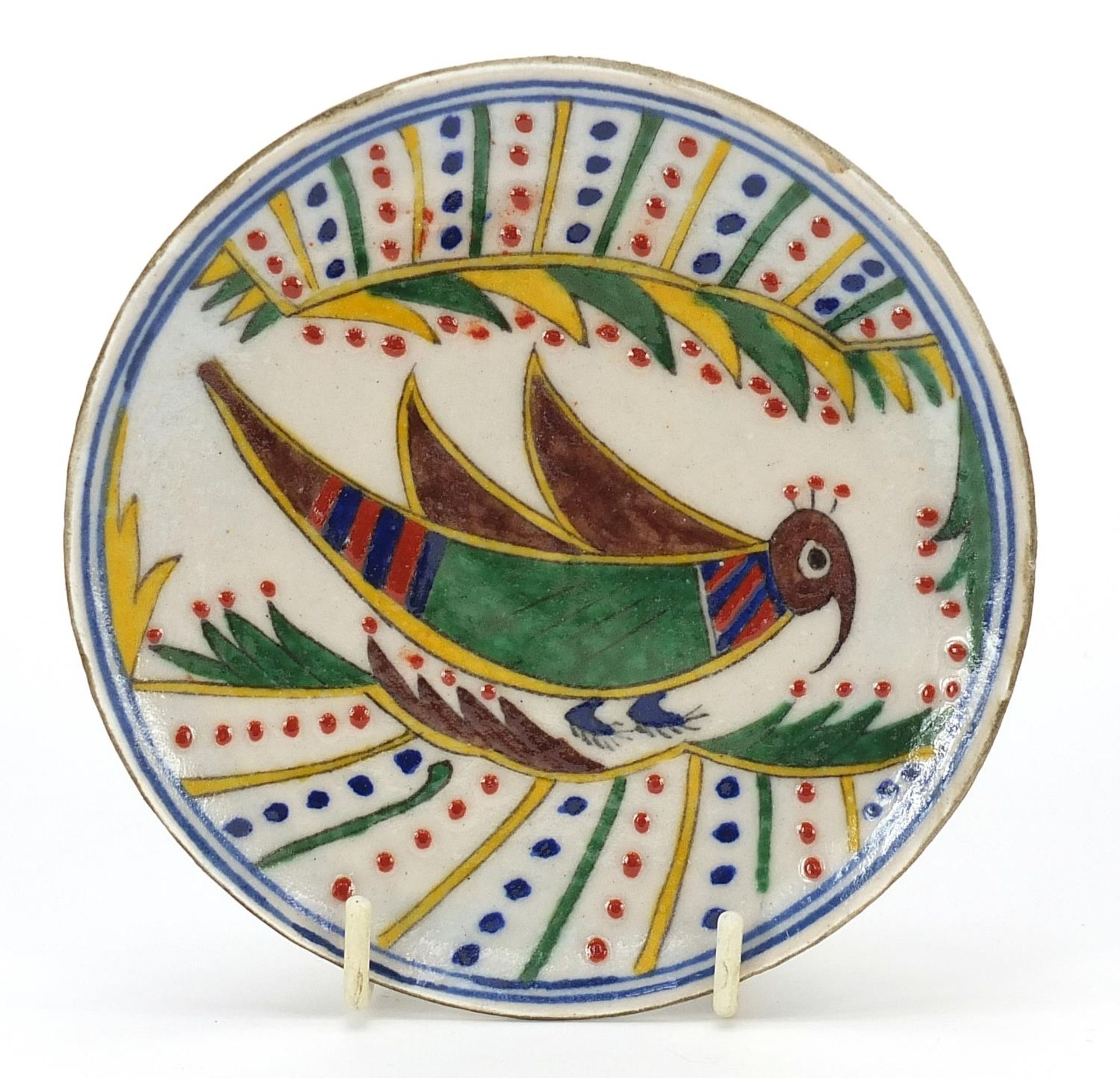 Turkish Kutahya pottery plate hand painted with a bird, 13cm in diameter : For Further Condition