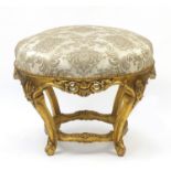 Large French design gilt stool with cream floral upholstery, 60cm high x 70cm in diameter : For