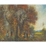Figures before woodland, oil on canvas, mounted and framed, 49.5cm x 40cm excluding the mount and