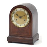 Edwardian inlaid mahogany and amboyna dome top mantle clock striking on a gong, 26cm high : For