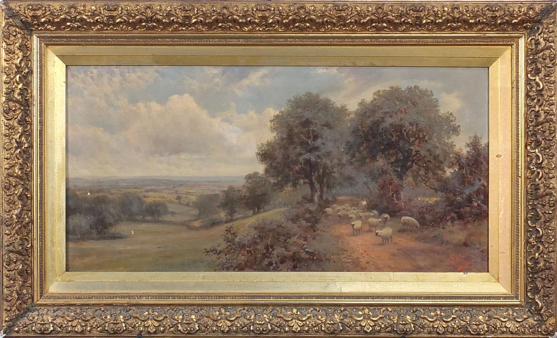 Shepard with flock of sheep on a path, Edwardian oil on canvas, monogrammed MH, mounted and - Image 2 of 5