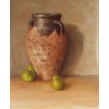 Stuart Smith - Still life pears and vessel, oil on canvas, framed, 90cm x 74.5cm excluding the frame