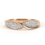 9ct rose gold diamond cluster crossover ring, size M, 2.0g : For Further Condition Reports Please