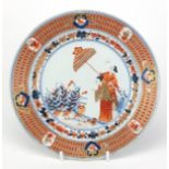 Chinese porcelain plate hand painted in the Imari pattern with two figures and cranes, 23cm in