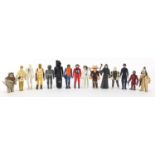 Fifteen vintage Star Wars action figures with accessories including Walrus man, Darth Vader, Luke