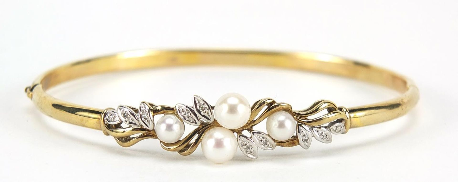 9ct gold pearl and diamond hinged bangle, 6.5cm wide, 7.0g : For Further Condition Reports Please