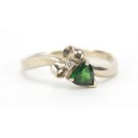 14ct white gold green stone and diamond love heart and bow design ring, size N, 1.8g : For Further