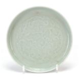 Good Chinese porcelain footed dish having a celadon glaze, finely decorated in low relief and