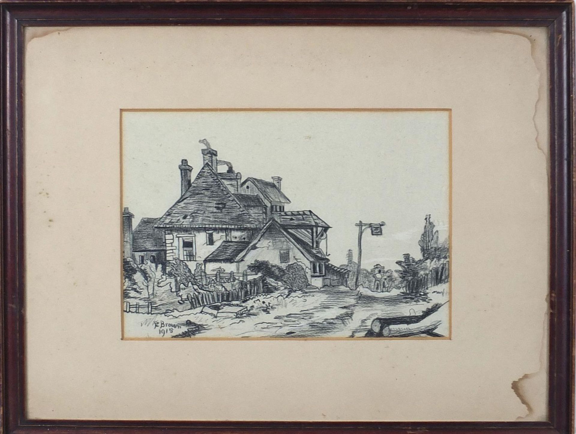 E Brown 1915 - House beside a path, early 20th century heightened pencil sketch, Wilfrid Coates - Image 2 of 6