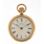 Waltham, ladies 14ct gold plated open face pocket watch with engine turned case, the movement