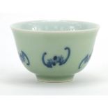 Chinese porcelain bowl having a celadon glaze hand painted with five bats, six figure character