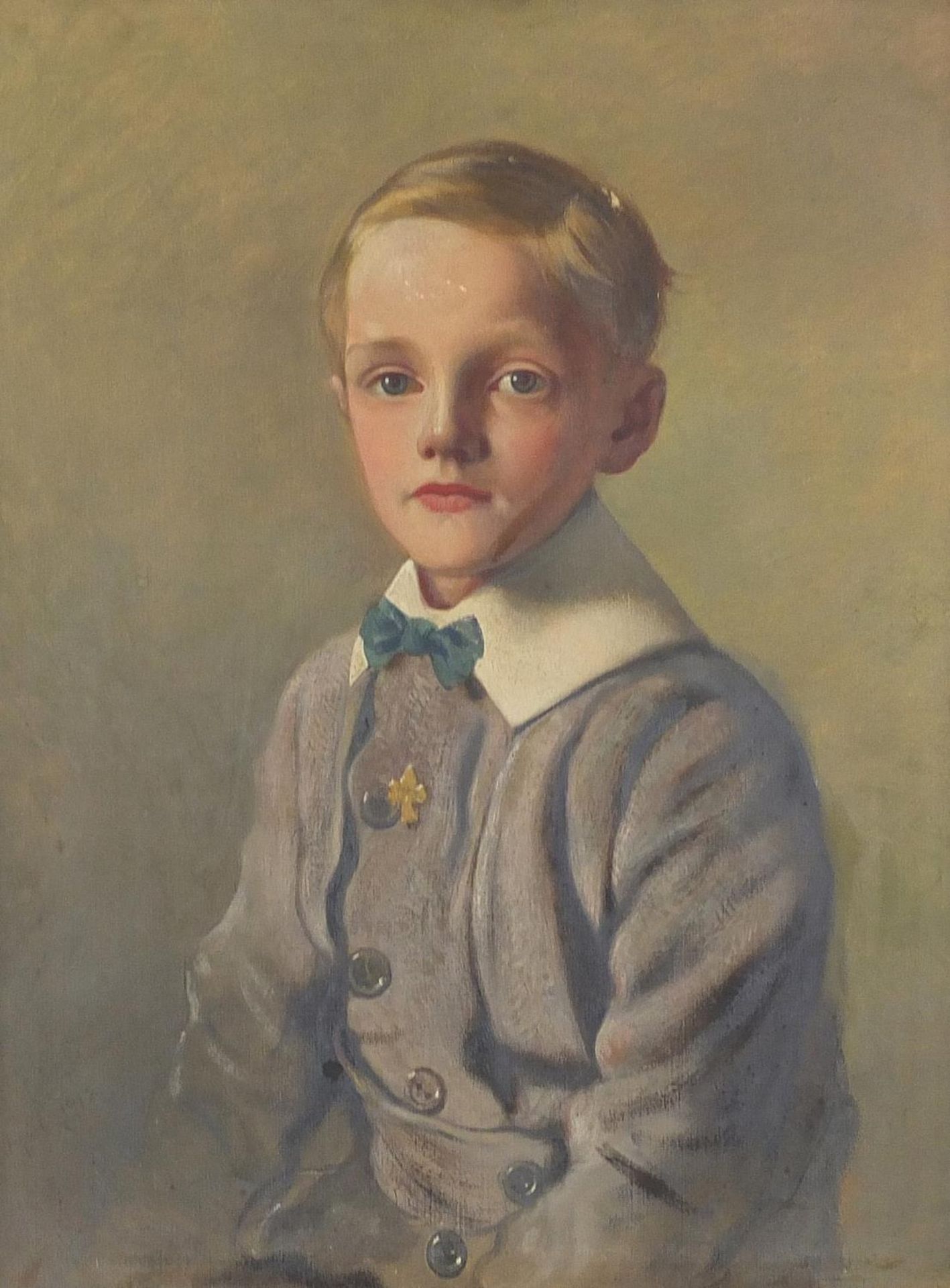 Three quarter length portrait of a young boy, Edwardian oil on canvas, framed, 59.5cm x 44.5cm