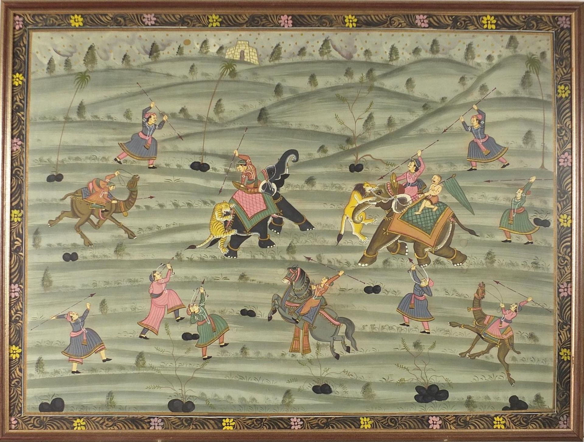 Animals and warriors, Indian Mughal school watercolour, framed and glazed, 95cm x 70cm excluding the - Image 4 of 8