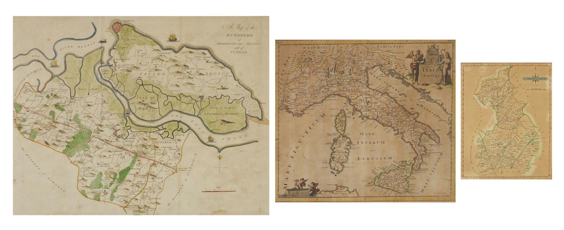 Three antique hand coloured maps comprising a map of the Hundred of Middleton alias Milton and of
