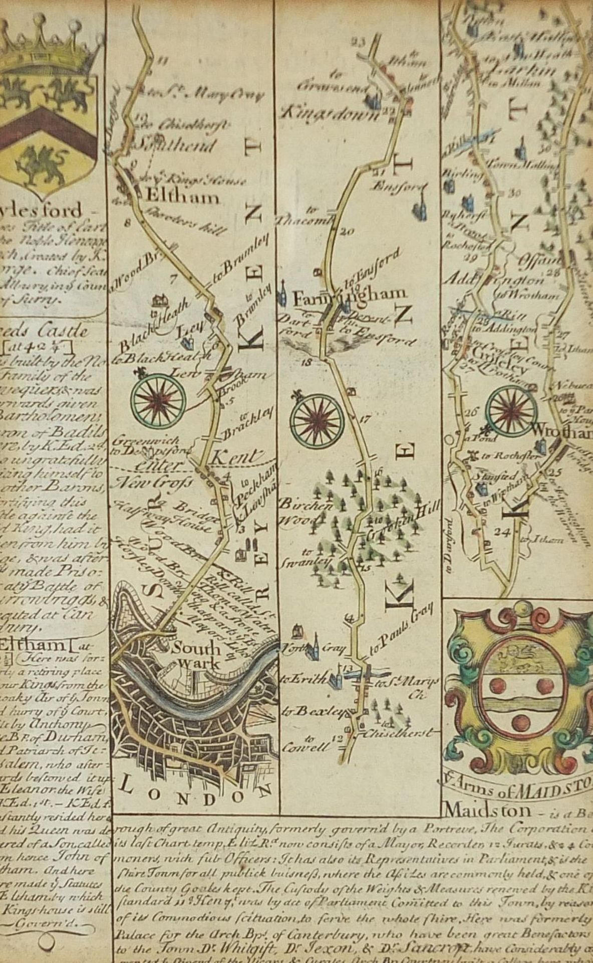 Three antique hand coloured road maps including two by John Owen Emmanuel Bowen, mounted, framed and - Image 15 of 20