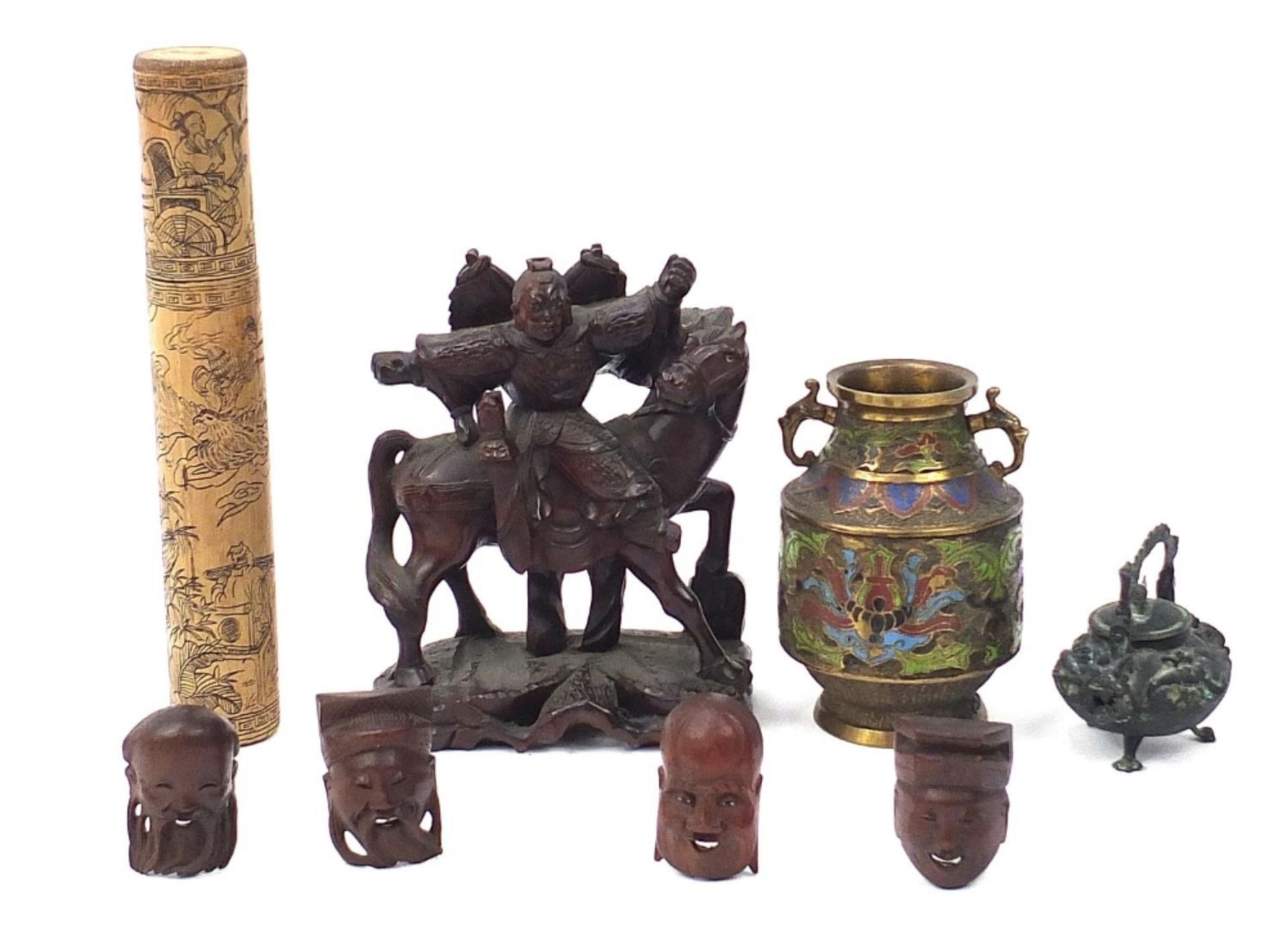 Chinese wooden and metalware including a cloisonne enamel vase, bronze dragon teapot, bamboo