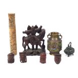 Chinese wooden and metalware including a cloisonne enamel vase, bronze dragon teapot, bamboo