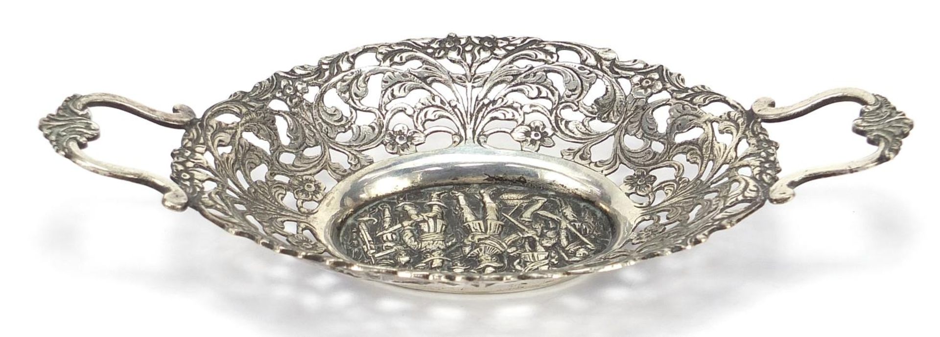 Continental oval pierced silver coloured metal twin handled bonbon dish embossed with cavaliers, - Image 7 of 10