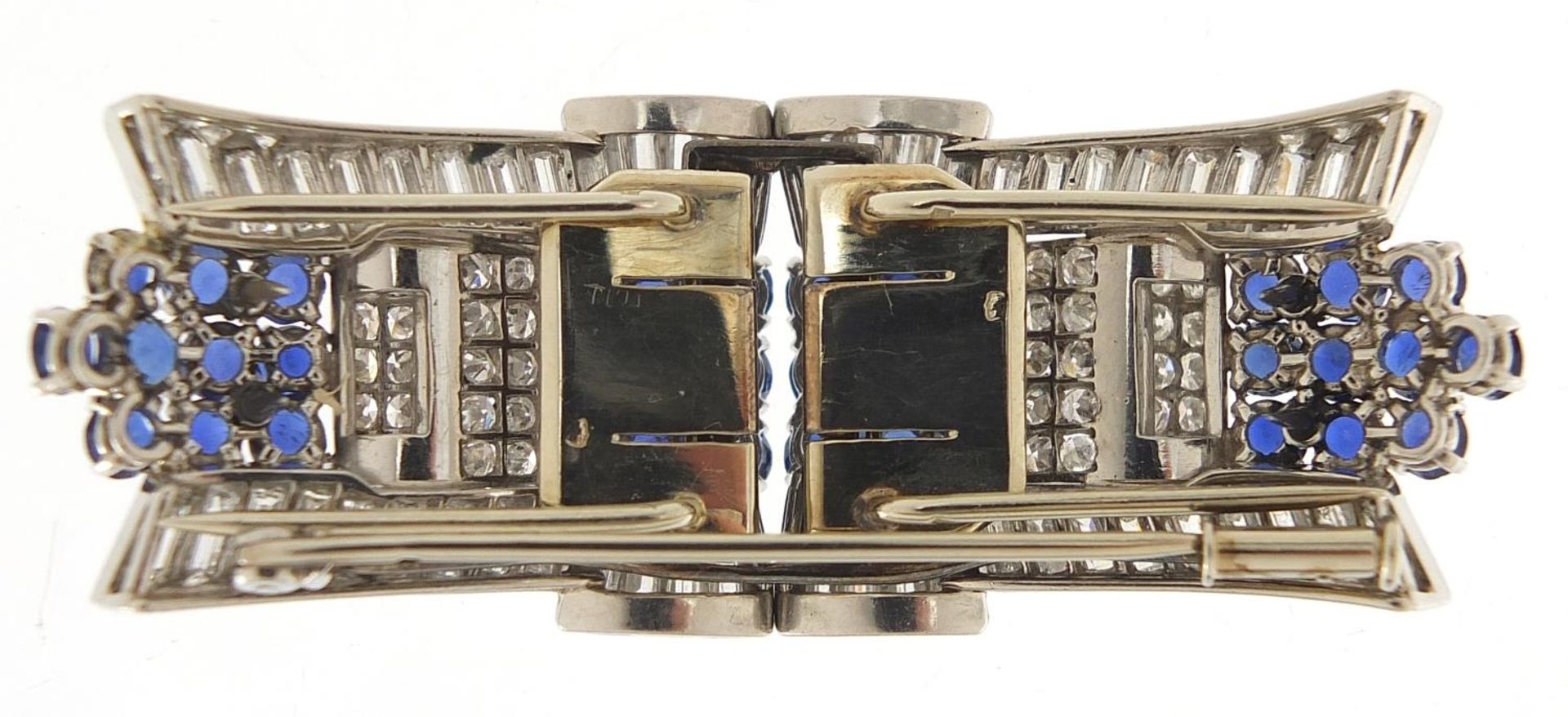 Good Art Deco diamond and sapphire three piece scarf clip brooch, A & M maker's mark, 6cm wide, 32. - Image 9 of 21