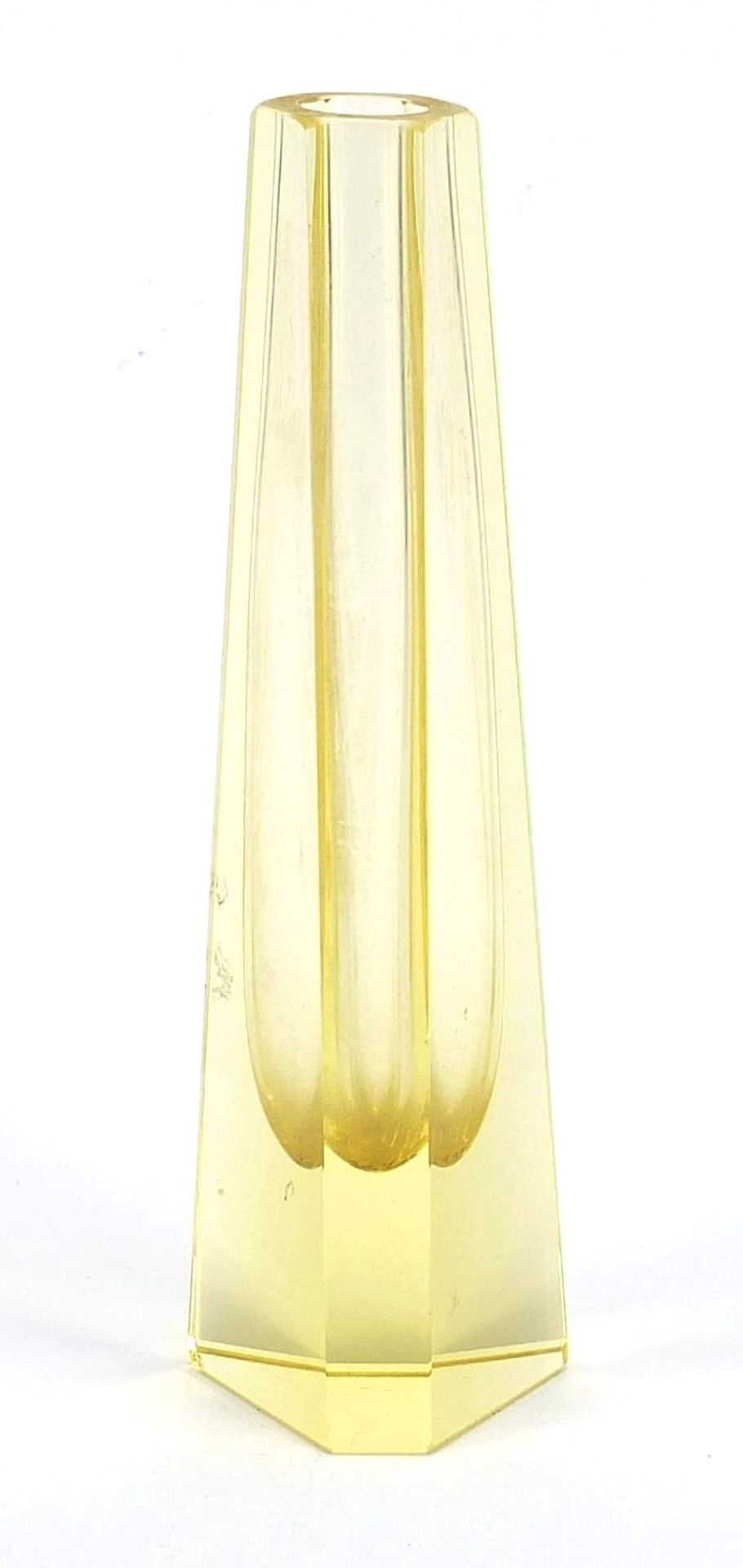 Triangular yellow glass vase with canted corners, possibly by Moser, 16cm high : For Further