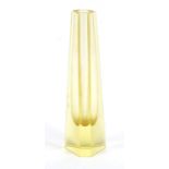 Triangular yellow glass vase with canted corners, possibly by Moser, 16cm high : For Further