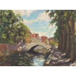 Ernest Knight - Canal Bridge, Bruges, Impressionist oil on canvas, inscribed verso, mounted and