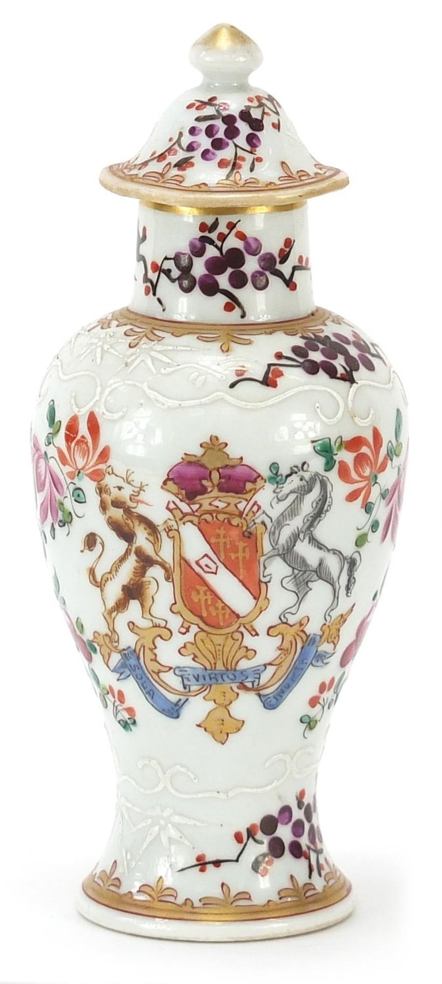 Samson porcelain baluster vase and cover hand painted with flowers and armorial crest, 14.5cm high :