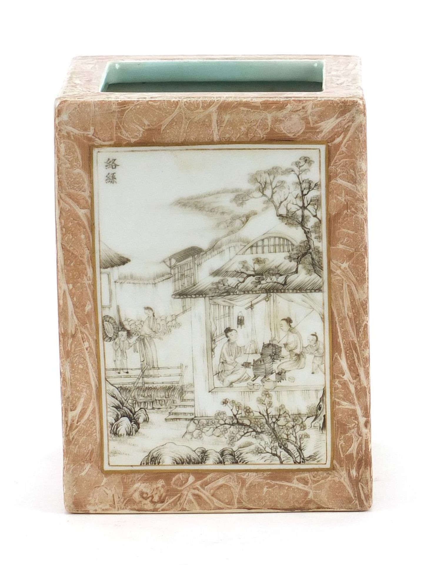 Good Chinese porcelain faux bois ground en grisaille brush pot finely hand painted with panels of - Image 2 of 12