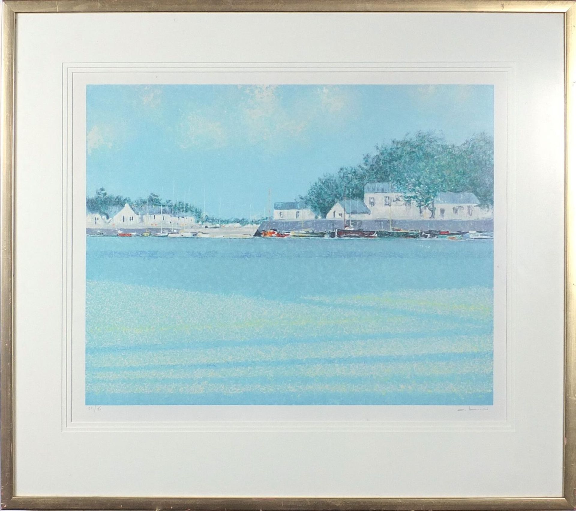 Harbour scene with moored boats before houses, pencil signed print in colour, limited edition 51/ - Image 2 of 5